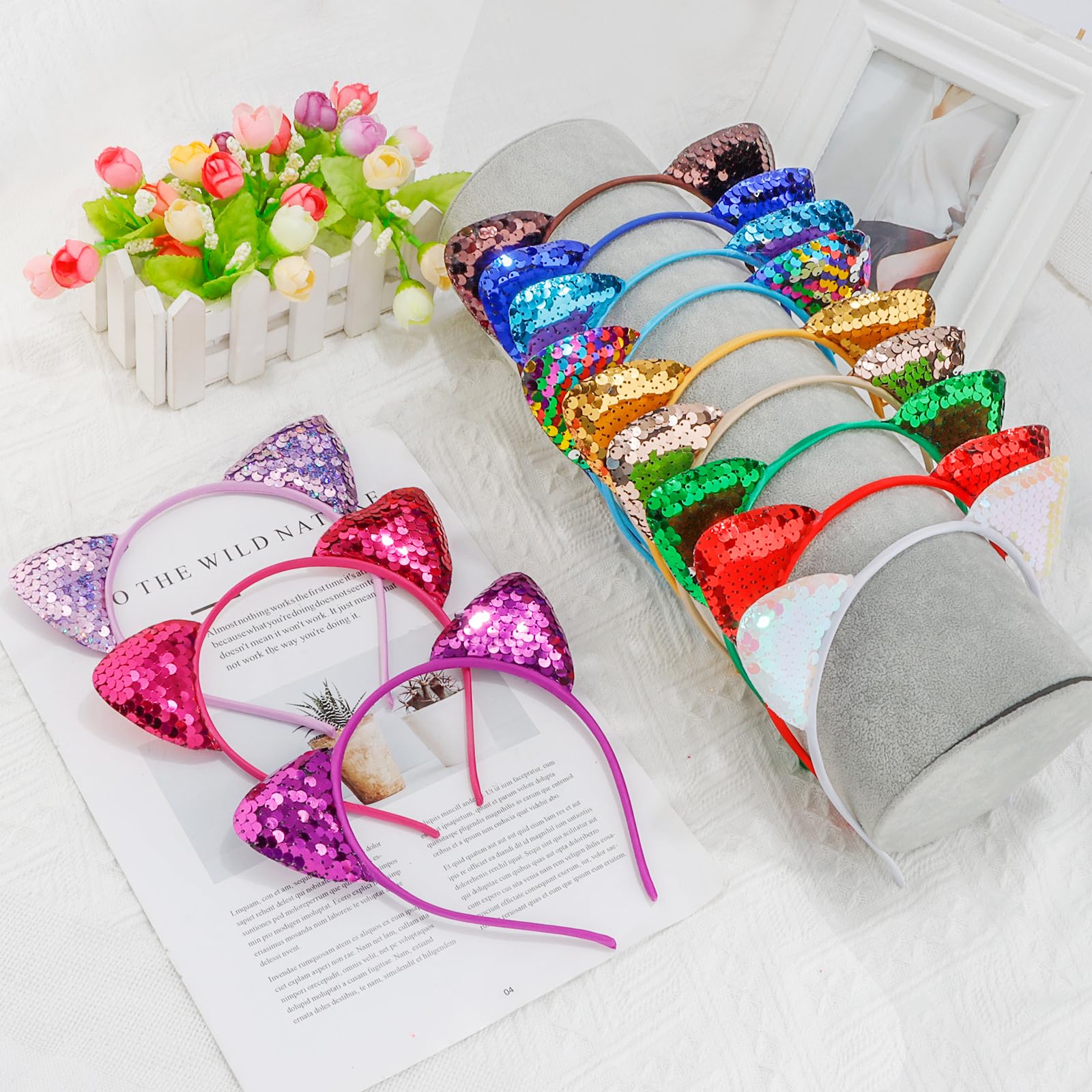 COCIDE 12Pcs Cat Ears Headbands Set with Sequins for Girls - Birthday Party, Halloween Hair Accessories and Favors - Image 4